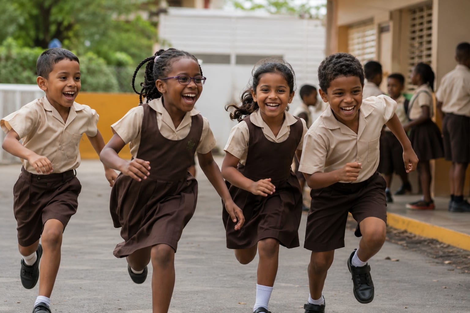 Schoolchildren running together across a schoolyard